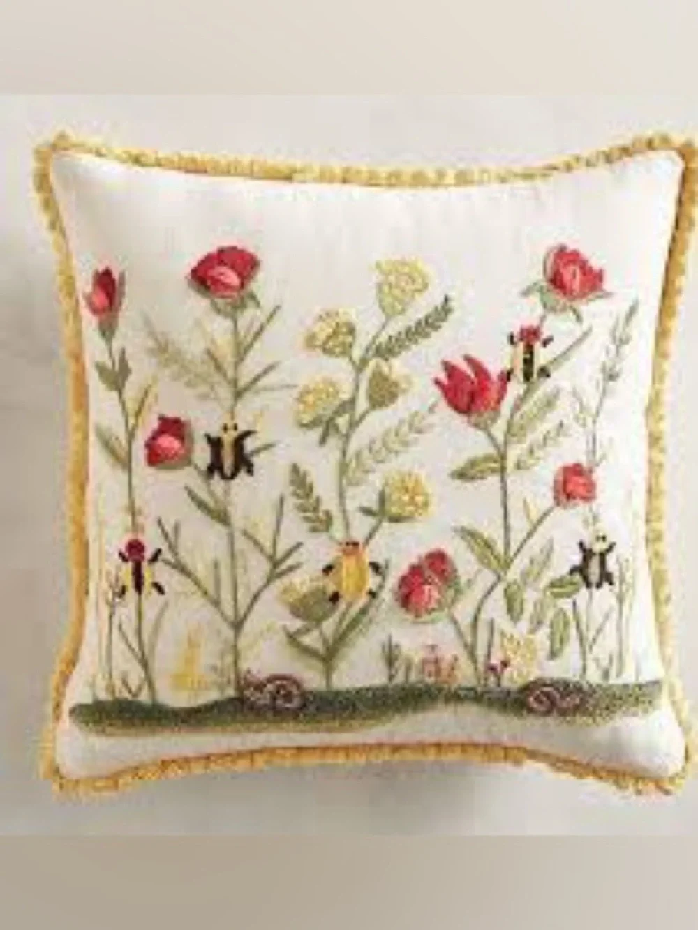 Pier 1 Embroidered Flora & Fauna Pillow Folk Art, Cottagecore ,Lovely,Size 14x14